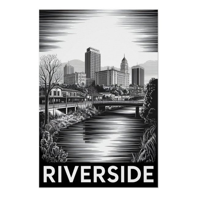 Pôster Riverside Califórnia Xilogravura Preto e Branco (Frente)