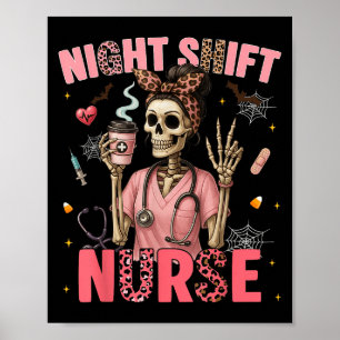 Poster Rn Icu Noite Shift Enfermeira Skeleton Halloween C