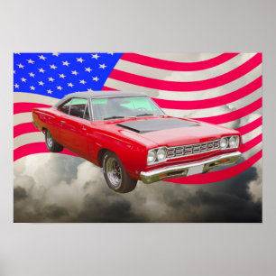 Poster Roadrunner 1968 de Plymouth e bandeira americana
