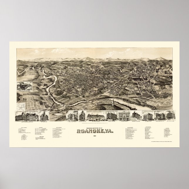 Pôster Roanoke, VA Panorâmica - 1891 (Frente)