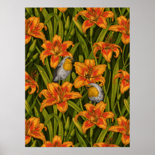 Poster Robilhões e flores de lírio, laranja e verde escur