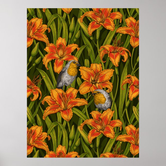 Poster Robilhões e flores de lírio, laranja e verde escur (Frente)