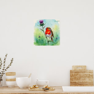 Poster Robin Bird e Flor de Cardo Aquarela Botânica