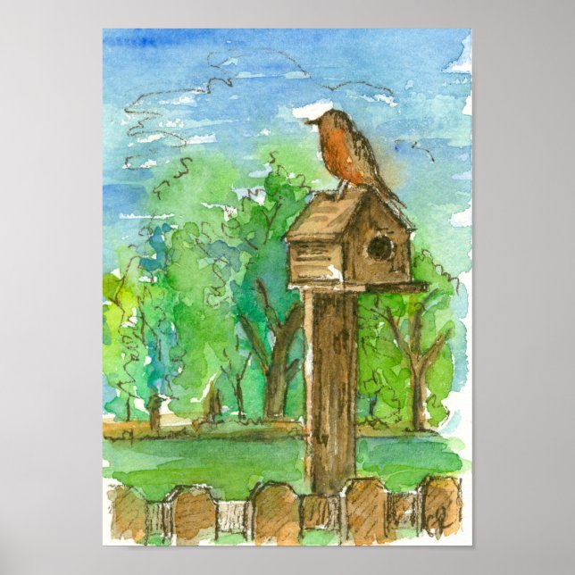 Poster Robin Birdhouse Country Watercolor Landcape (Frente)
