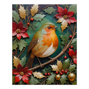 Pôster Robin entre azevinho e poinsettia