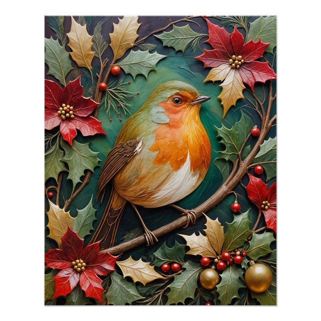 Pôster Robin entre azevinho e poinsettia (Frente)