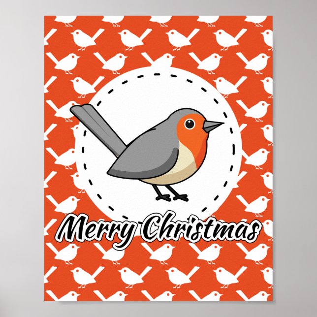 Poster Robin on Orange White Bird Pattern - Feliz Natal (Frente)