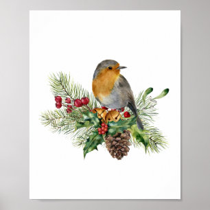 Poster Robin, pine, candy canes, poinsettia Christmas