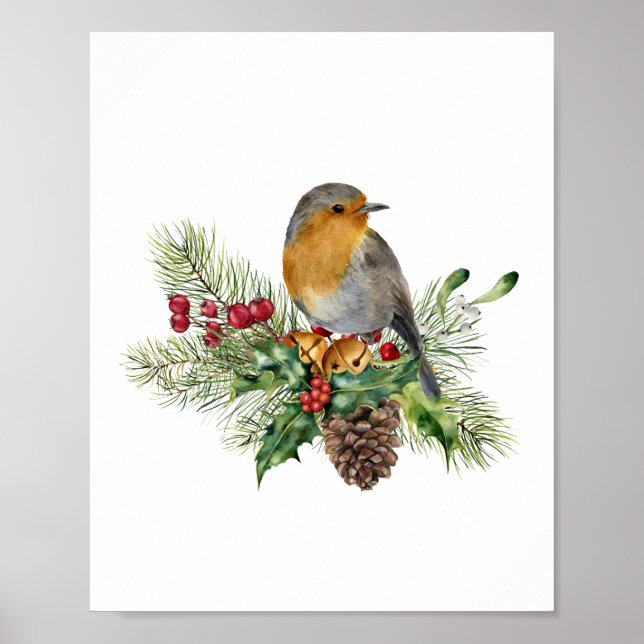 Poster Robin, pine, candy canes, poinsettia Christmas (Frente)