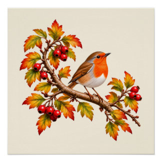 Pôster Robin Redbreast Outono Desenho Botânico de Pássaro