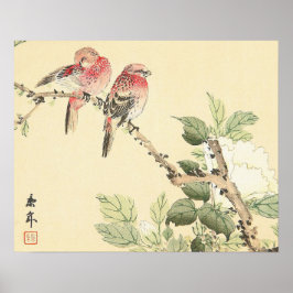 Poster Robins and Peony japanese vintage flower birds art