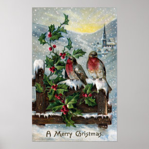 Pôster Robins ingleses em um Natal da antiguidade da