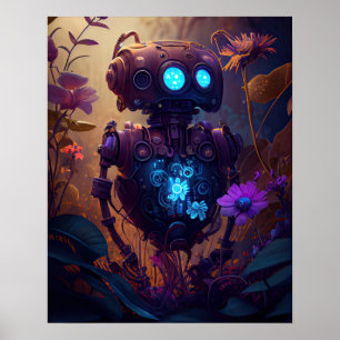 Poster Robô Azul Brilhante e Flores Roxas