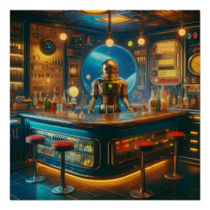 Pôster Robô Barman em Bar de Imersão Espacial da Era Espa
