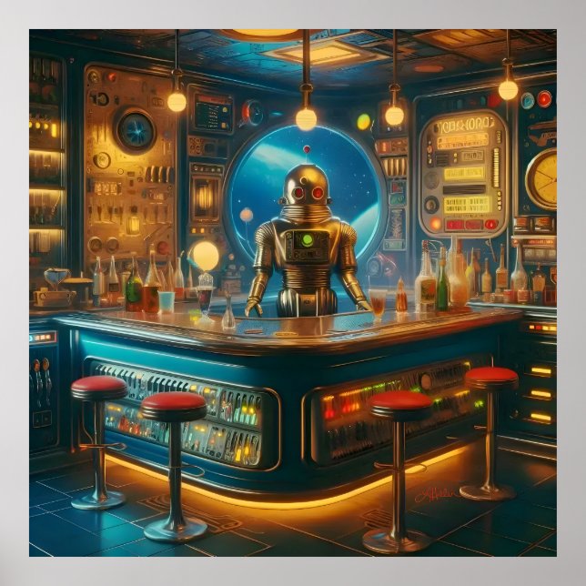 Poster Robô Barman no Bar de Dive da Era Espacial Interes (Frente)
