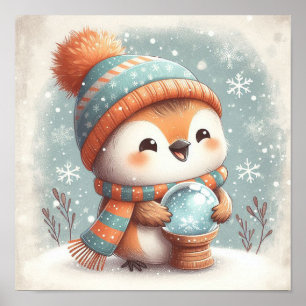 Poster Robô Bonito Com Arte De Parede De Crianças De Neve