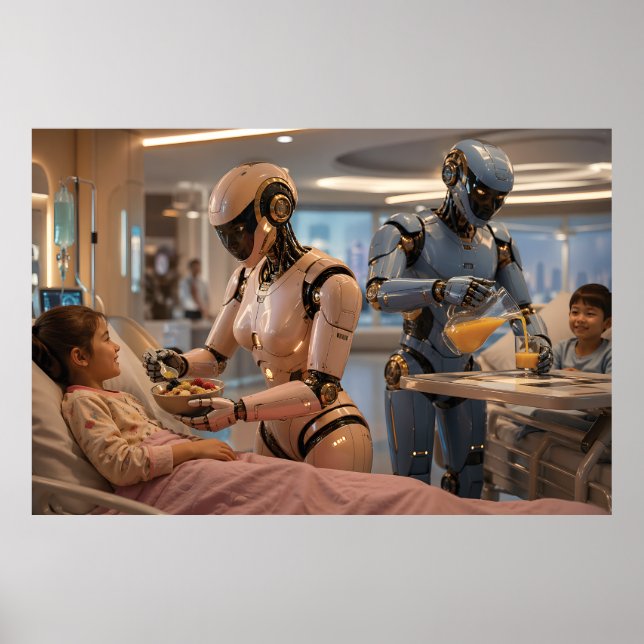 Poster Robô Cuidador de IA Futurista (Frente)