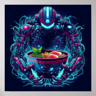 Poster Robô Cyberpunk Futurista Neon Comida Ramen