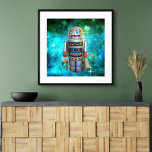 Poster Robô de brinquedo de metal em galáxias azuis e fof<br><div class="desc">Eu adoro rostos retrorreflectores bonitos em robôs antigos, robôs de enrolar de brinquedos metálicos de infância. Aqui está um dos meus favoritos, colocado contra um céu de galáxia azul-turquesa. Adicione um estilo ao seu quarto com esta poster de fotos, divertida e colorida. Faz um presente excelente e de moda, até...</div>