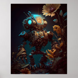 Poster Robô e Flores Futurísticos Steampunk
