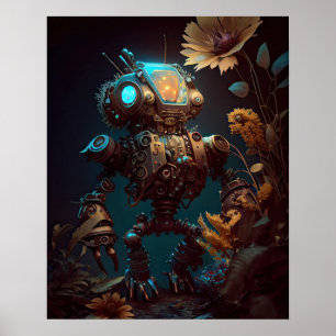 Poster Robô e Flores Futurísticos Steampunk