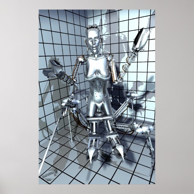 Poster Robô em uma sala de grade (Frente)