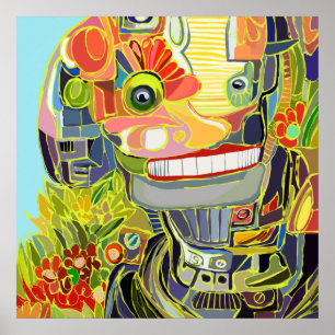 Poster Robô Feliz Sorridente Selfie com a Natureza, Um di