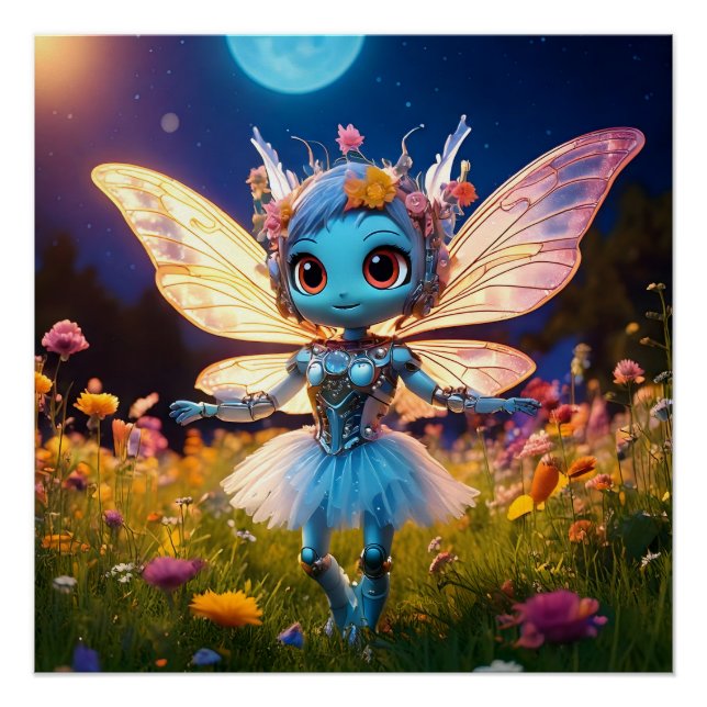 Pôster Robô Pixie Bailarina Dançando nos Flores Silvestre (Frente)