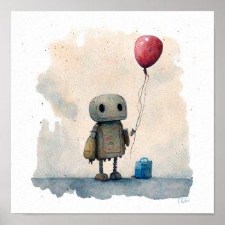 Poster "Robô Solitário com balão" - Pintura de Aquarela