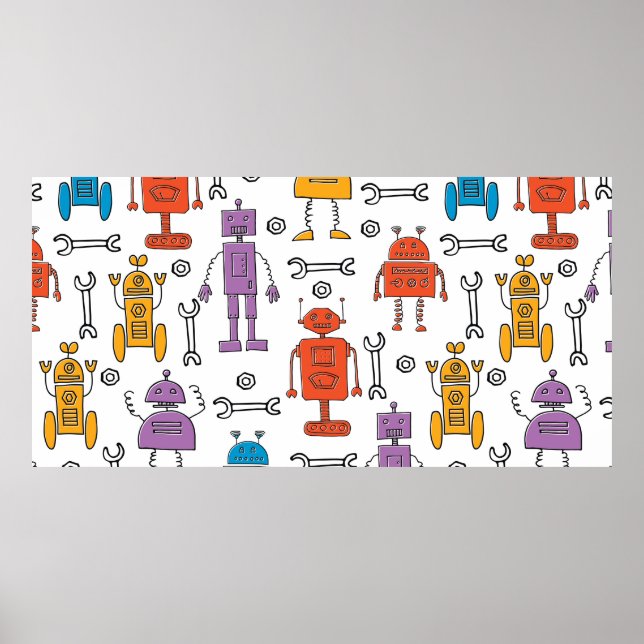 Poster Robôs de rabisco. Um padrão perfeito. Carro de des (Frente)