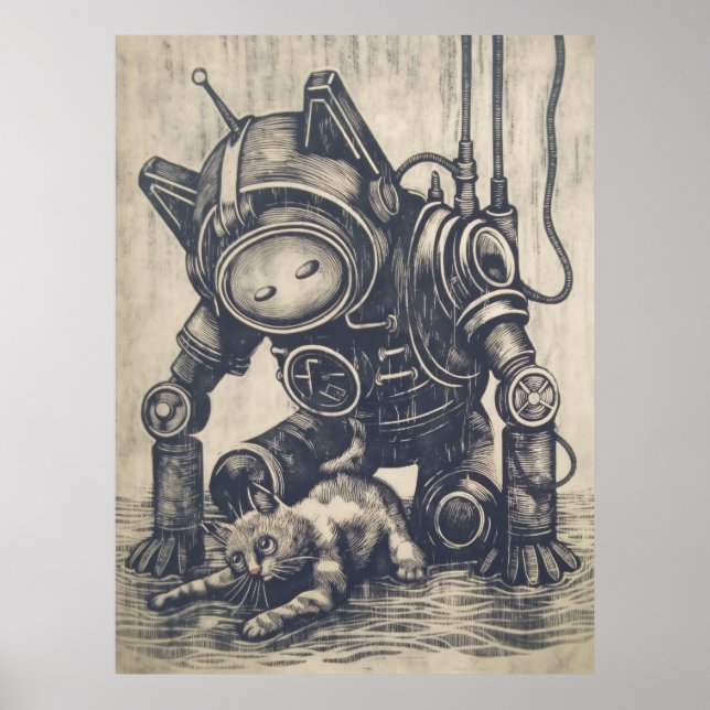 Poster Robot Linocut Steampunk (Frente)
