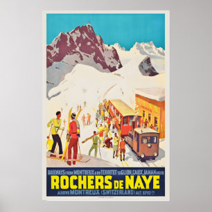 Poster Rochers de Naye Montreux Suíça Esqui Vintage