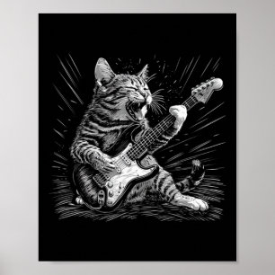 Poster Rock &amp; Roll Cat Tocando Violão Gatos Engraçado
