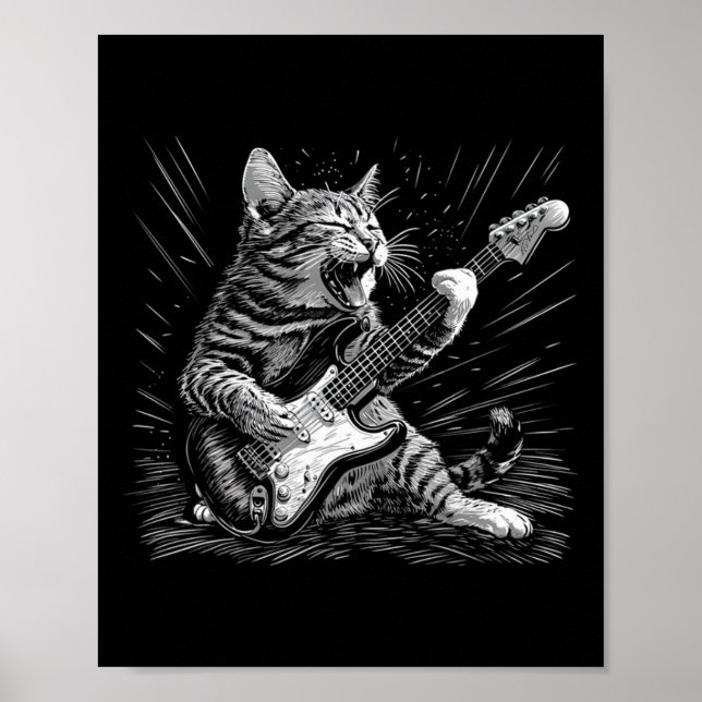 Poster Rock &amp; Roll Cat Tocando Violão Gatos Engraçado (Frente)