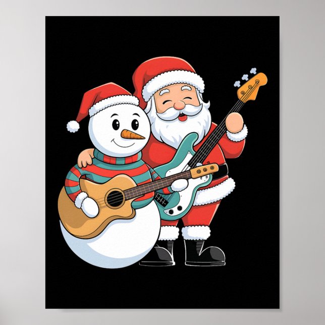 Poster Rock Guitar Snowman E Papai Noel Tocando Violão (Frente)