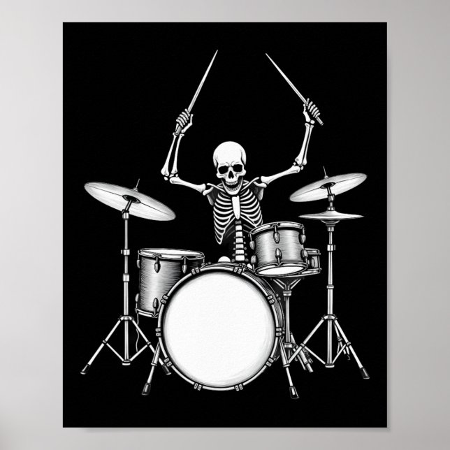 Poster Rock N Roll Drummer Skeleton Tocando Tambores (Frente)