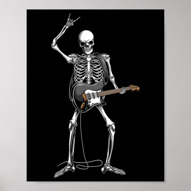 Poster Rock On Halloween Skeleton Guitarist Rock And Roll (Frente)