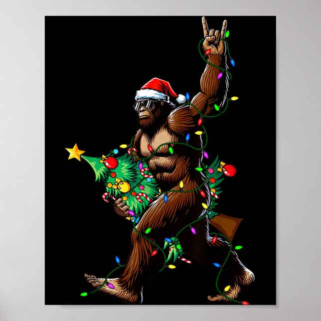 Poster Rock On Santa Bigfoot Christmas Tree Xmas Lights S (Frente)