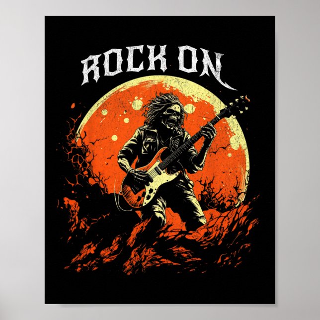 Poster Rock On Skeleton Tocando Violão Rock And Roll Hall (Frente)