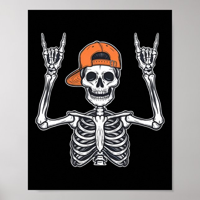 Poster Rocker Skeleton Skater Boné Halloween Rock Men (Frente)