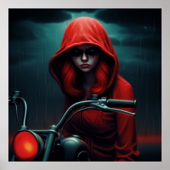 Poster Rockeuse au Chapeau Rouge en Flammes (Frente)