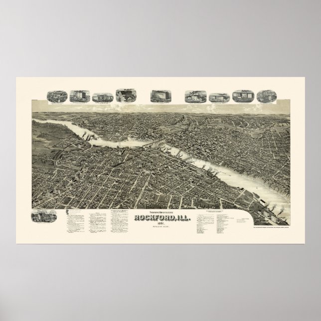 Poster Rockford, IL Panorâmica - 1891 (Frente)
