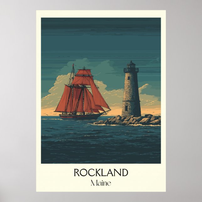 Poster Rockland Maine Vintage Lighthouse Sailboat Art (Frente)