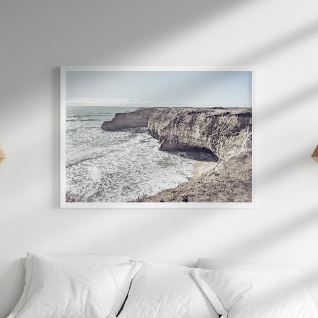 Poster Rocky Beach Ocean Shore (Rocky Beach Ocean Shore Poster in a boho white bedroom with pillows.)