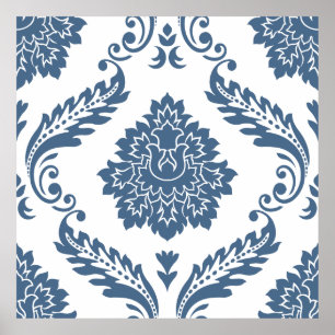 Poster Rococo Damask Padrão Grande Azul no Branco
