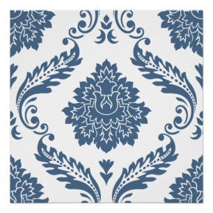 Pôster Rococo Damask Padrão Grande Azul sobre Branco