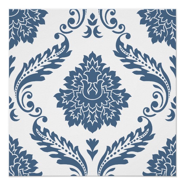 Pôster Rococo Damask Padrão Grande Azul sobre Branco (Frente)