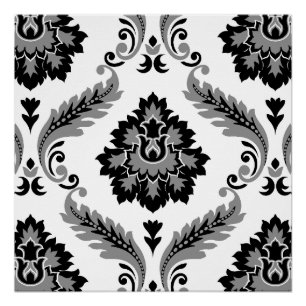 Pôster Rococo Damask Padrão Grande Cinza Preto Branco
