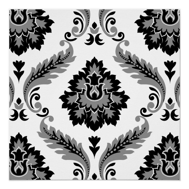 Pôster Rococo Damask Padrão Grande Cinza Preto Branco (Frente)