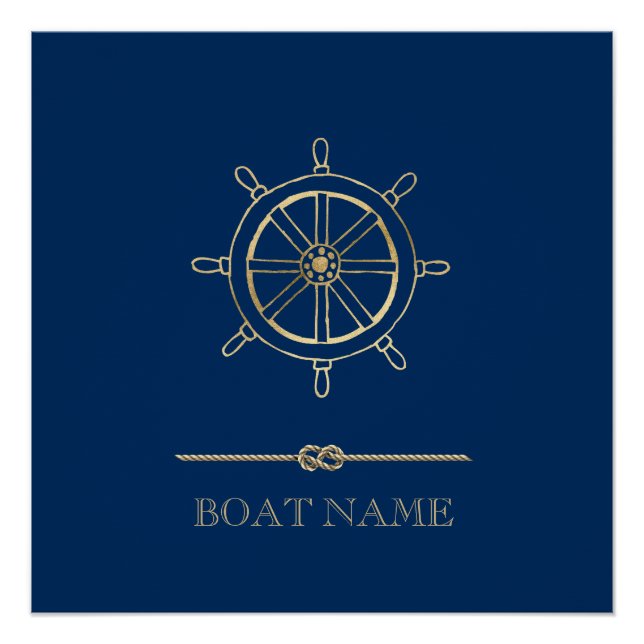Pôster Roda de Leme Náutica Dourada, Azul Marinho (Frente)